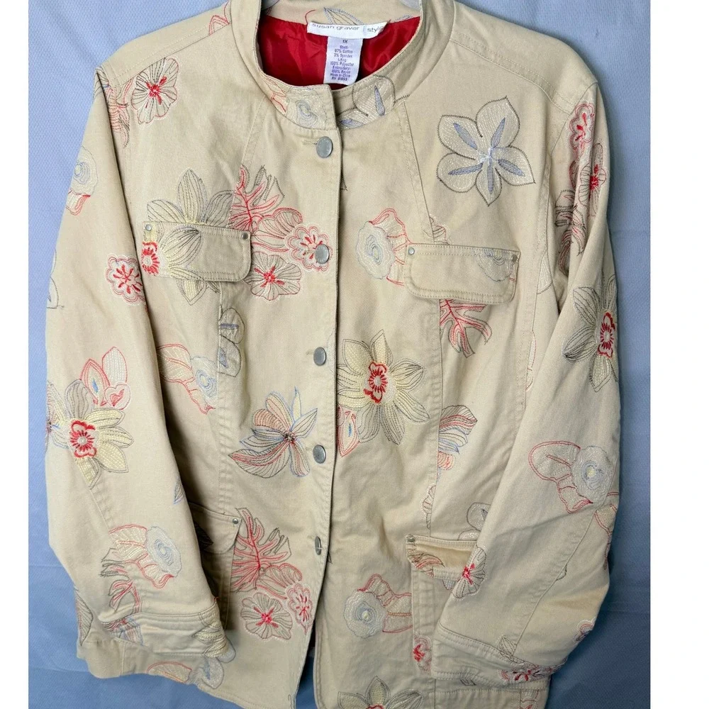 Susan Graver 1X Tan Floral Embroidered Jacket Cotton Blend Utility Plus Size - Picture 1 of 9